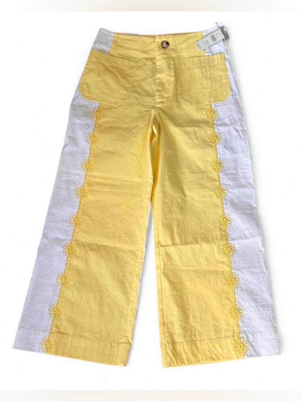 Maeve Anthropologie Colette Wide Leg Pants Yellow Embroidered NWT 28p